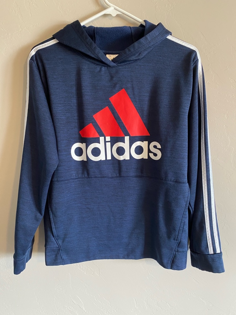 adidas Navy Hoodie with Red Logo and White Stripes